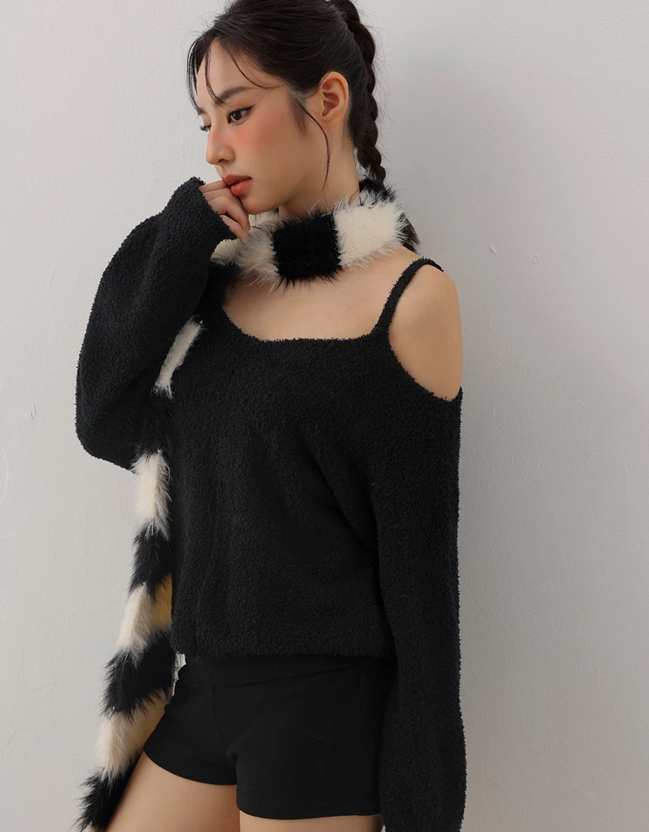 Oversized Fuzzy Cold Shoulder Spaghetti Strap Knit Top