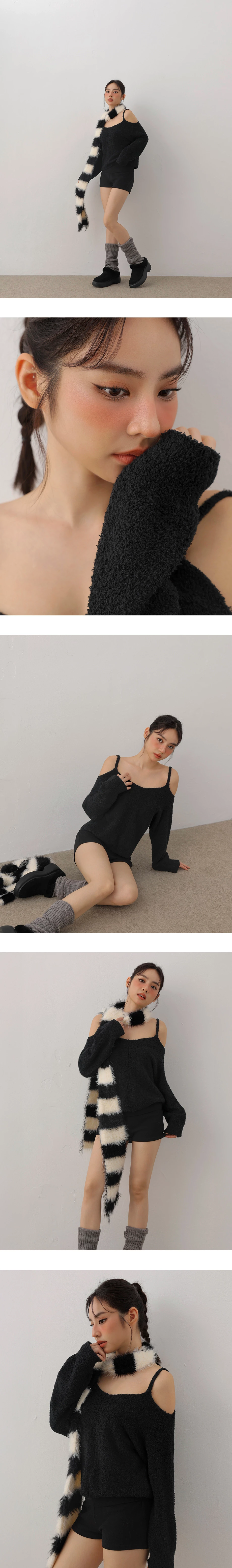 Oversized Fuzzy Cold Shoulder Spaghetti Strap Knit Top