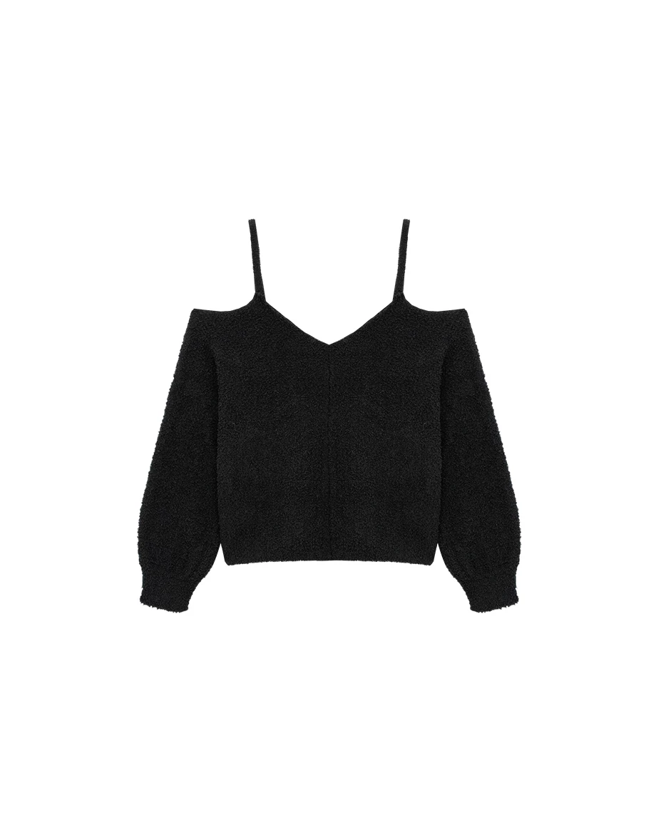 Oversized Fuzzy Cold Shoulder Spaghetti Strap Knit Top