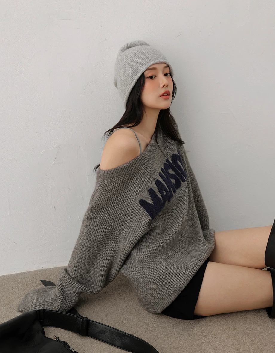 Asymmetric Neckline Oversized Lettering Jacquard Knit Sweater