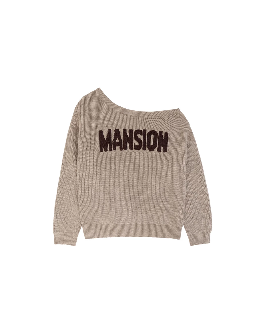 Asymmetric Neckline Oversized Lettering Jacquard Knit Sweater