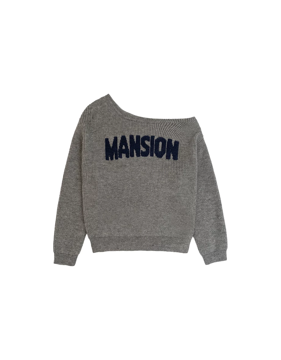Asymmetric Neckline Oversized Lettering Jacquard Knit Sweater