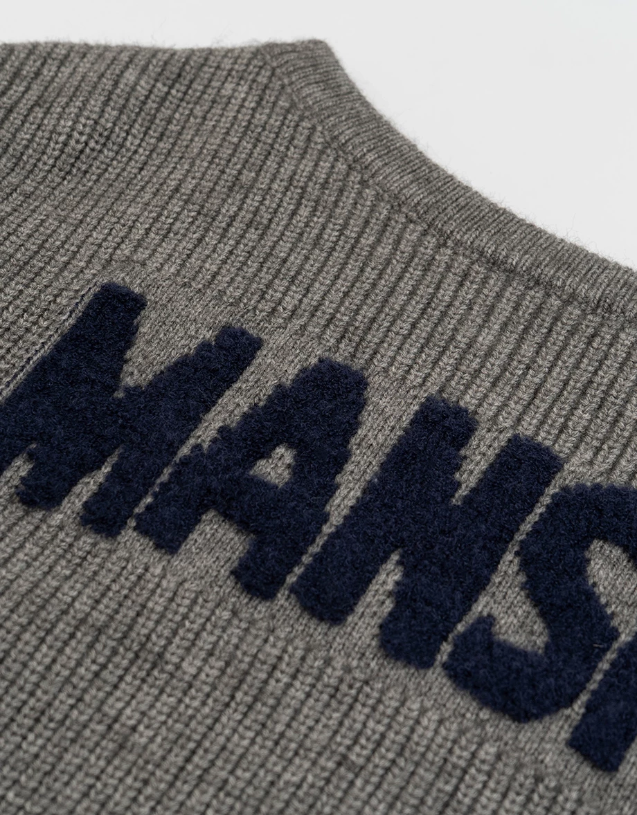 Asymmetric Neckline Oversized Lettering Jacquard Knit Sweater