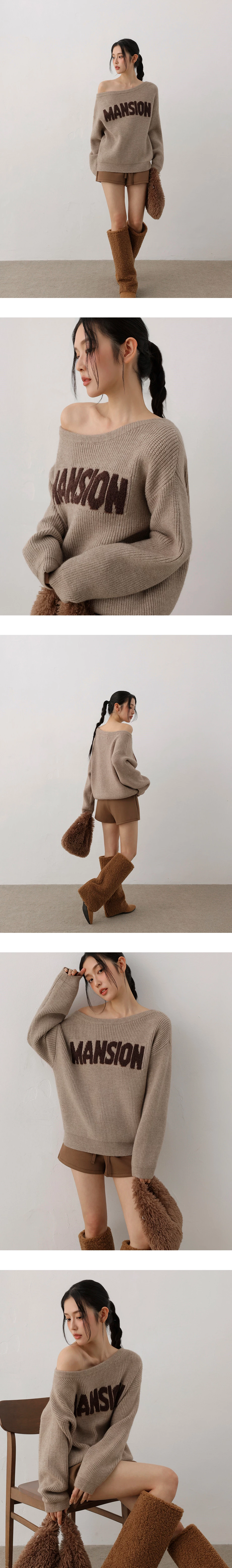 Asymmetric Neckline Oversized Lettering Jacquard Knit Sweater