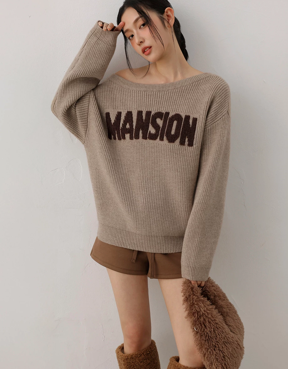 Asymmetric Neckline Oversized Lettering Jacquard Knit Sweater