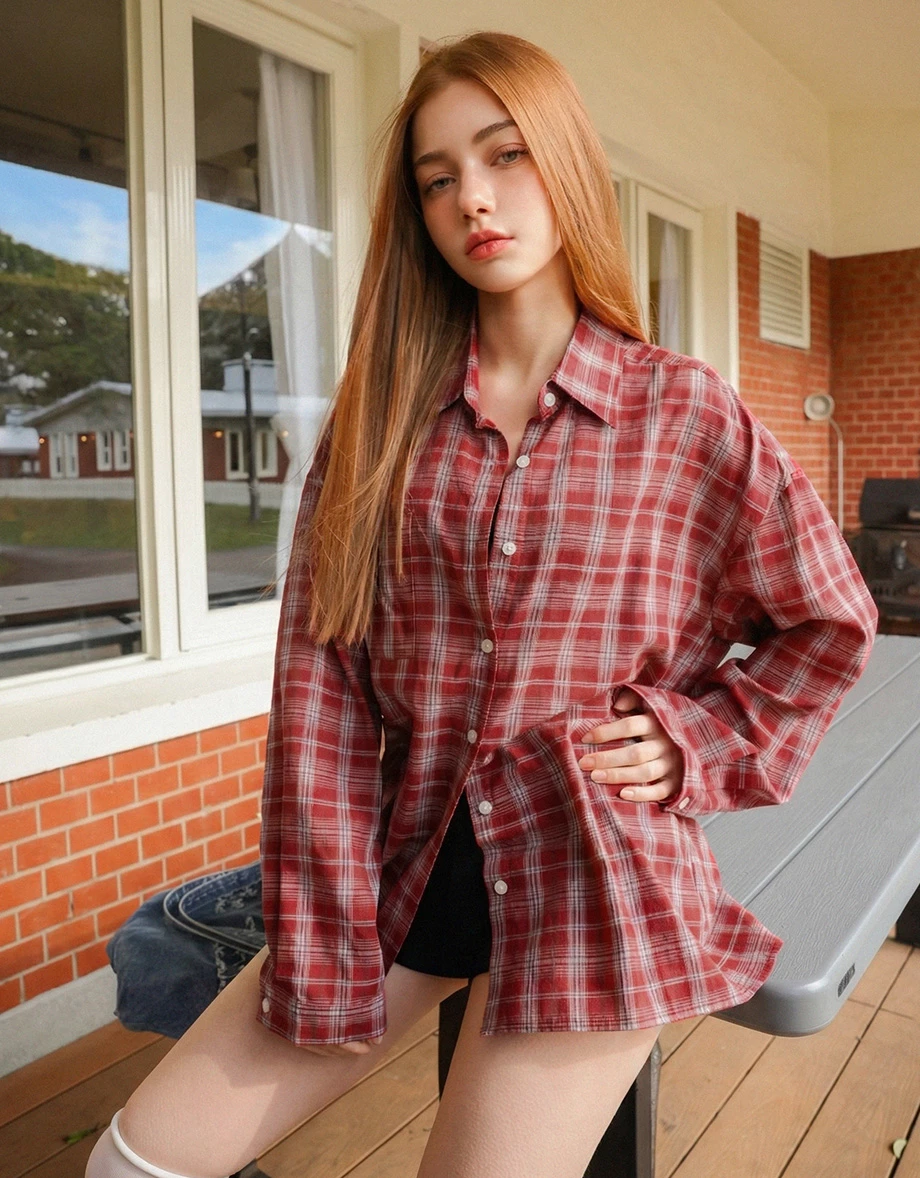 Vintage Inspired Oversized Plaid Button Up Shirt Blouse Vintage Inspired Oversized Plaid Button Up Shirt Blouse