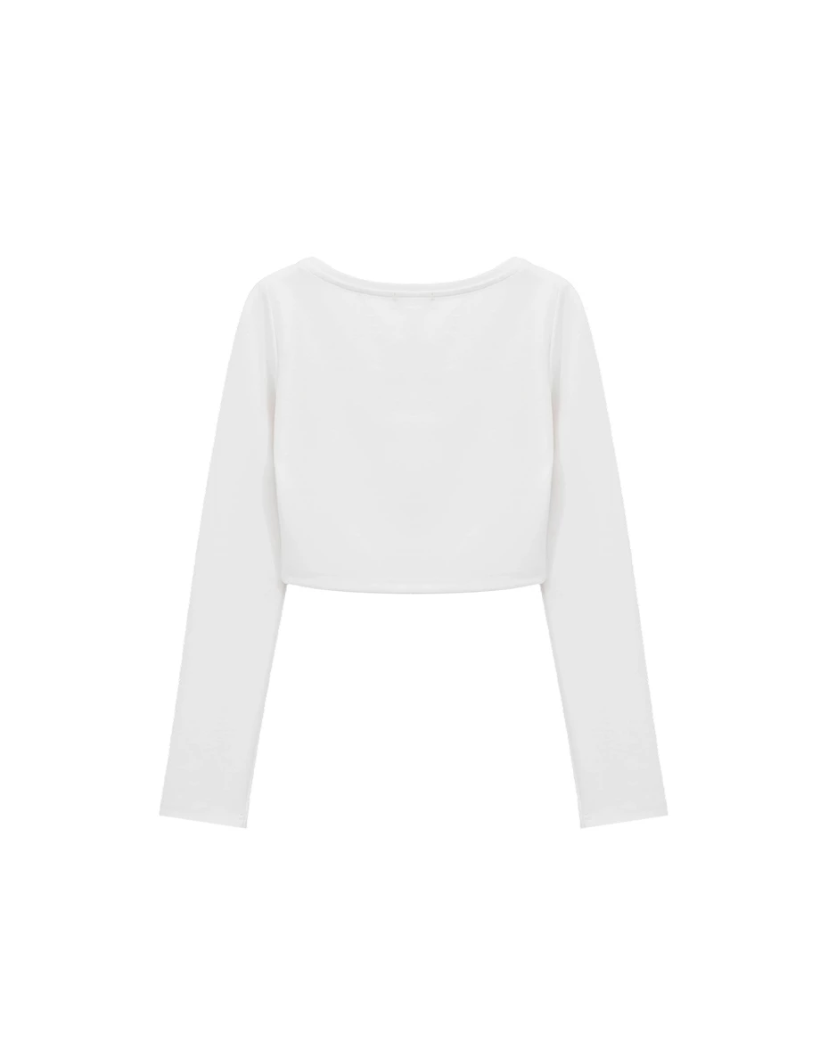 【柔霧砂洗莫代爾】U領刺繡圓弧下擺長袖短版上衣 【柔霧砂洗莫代爾】U領刺繡圓弧下擺長袖短版上衣