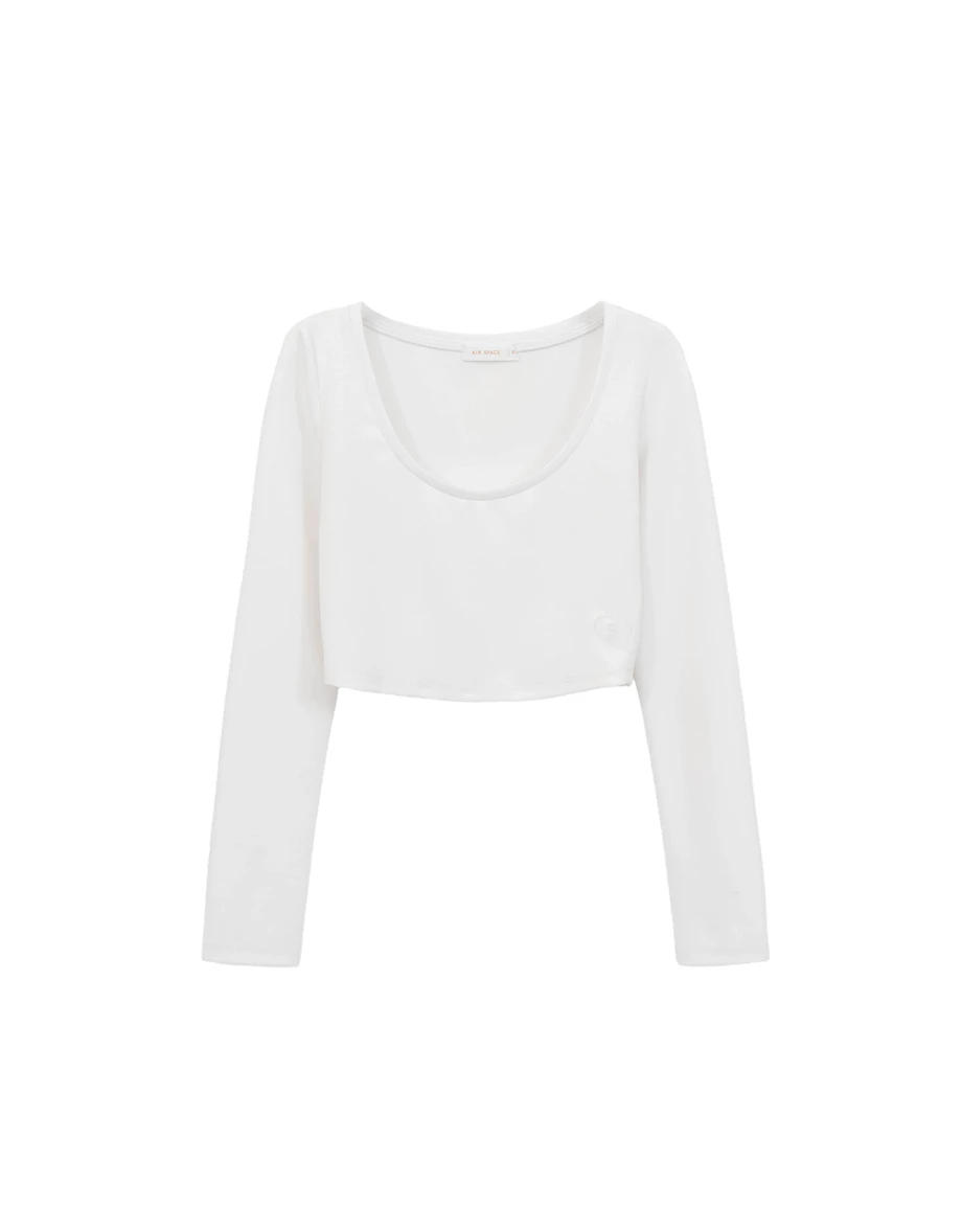 【柔霧砂洗莫代爾】U領刺繡圓弧下擺長袖短版上衣