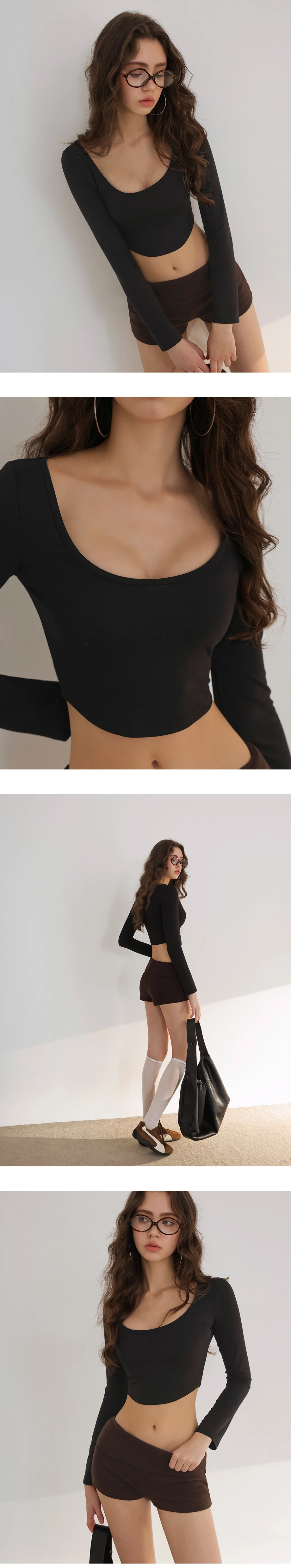 【柔霧砂洗莫代爾】U領刺繡圓弧下擺長袖短版上衣