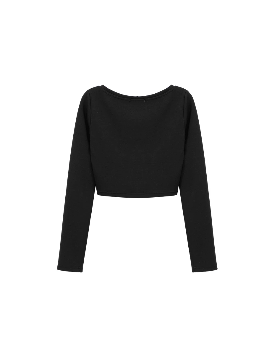 【柔霧砂洗莫代爾】U領刺繡圓弧下擺長袖短版上衣