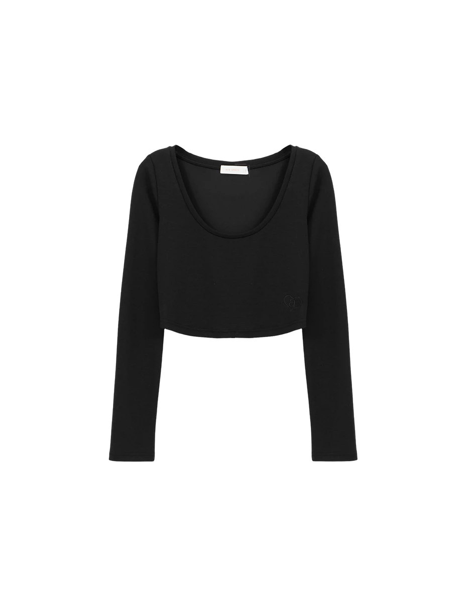 【柔霧砂洗莫代爾】U領刺繡圓弧下擺長袖短版上衣