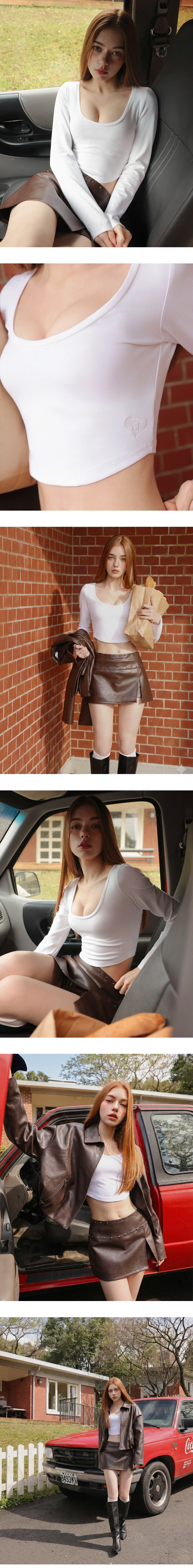 【柔霧砂洗莫代爾】U領刺繡圓弧下擺長袖短版上衣