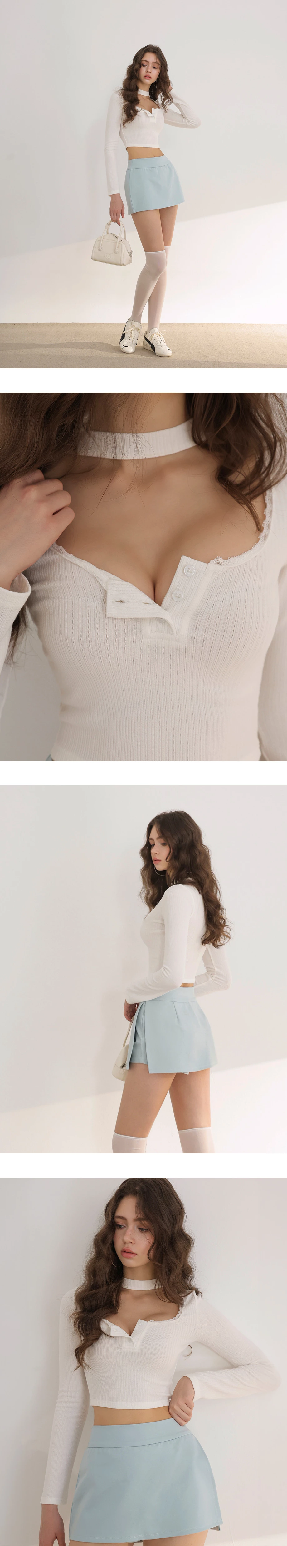 Lace Trimmed U Neck Buttoned Ribbed Knit Top