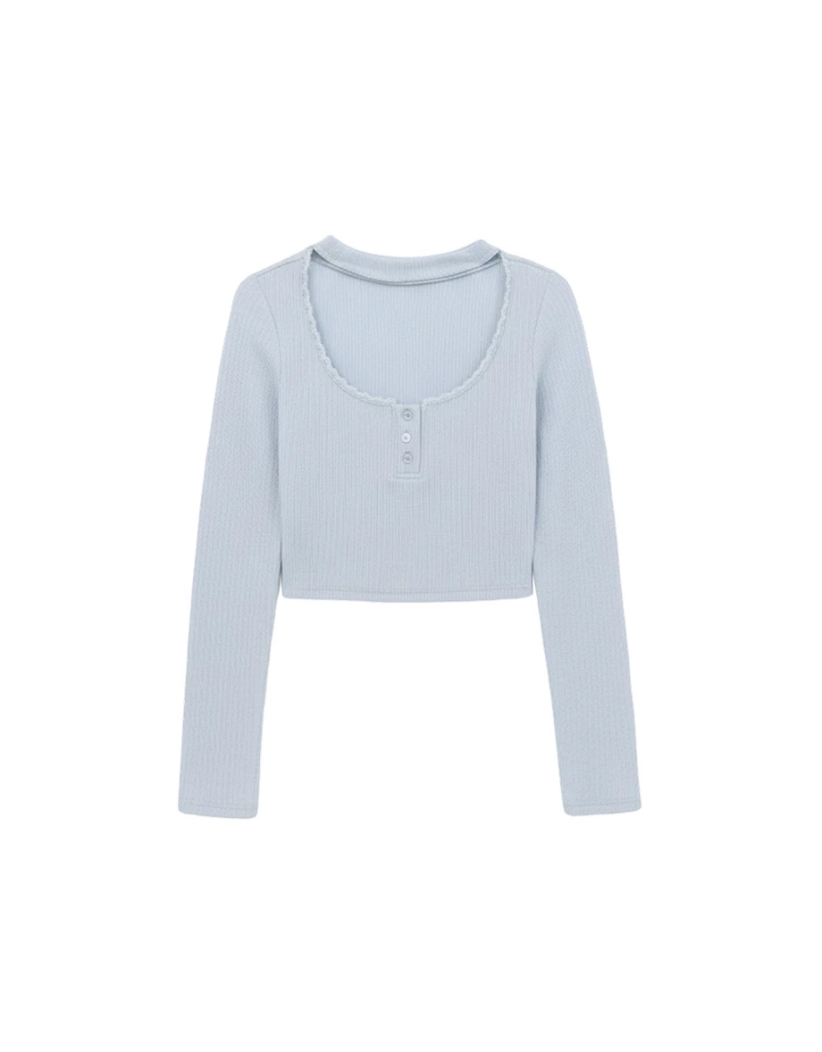 Lace Trimmed U Neck Buttoned Ribbed Knit Top