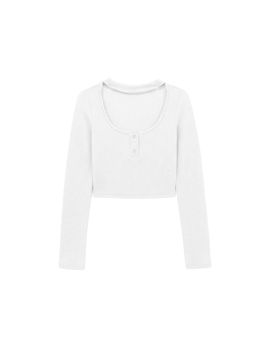 Lace Trimmed U Neck Buttoned Ribbed Knit Top