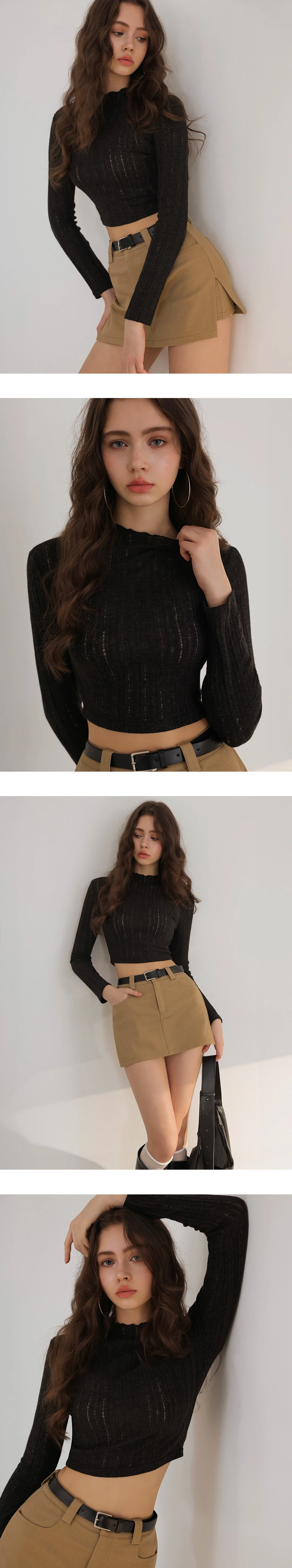 Turtleneck  Sheer Openwork Stripe Long Sleeve Cropped Knit Top