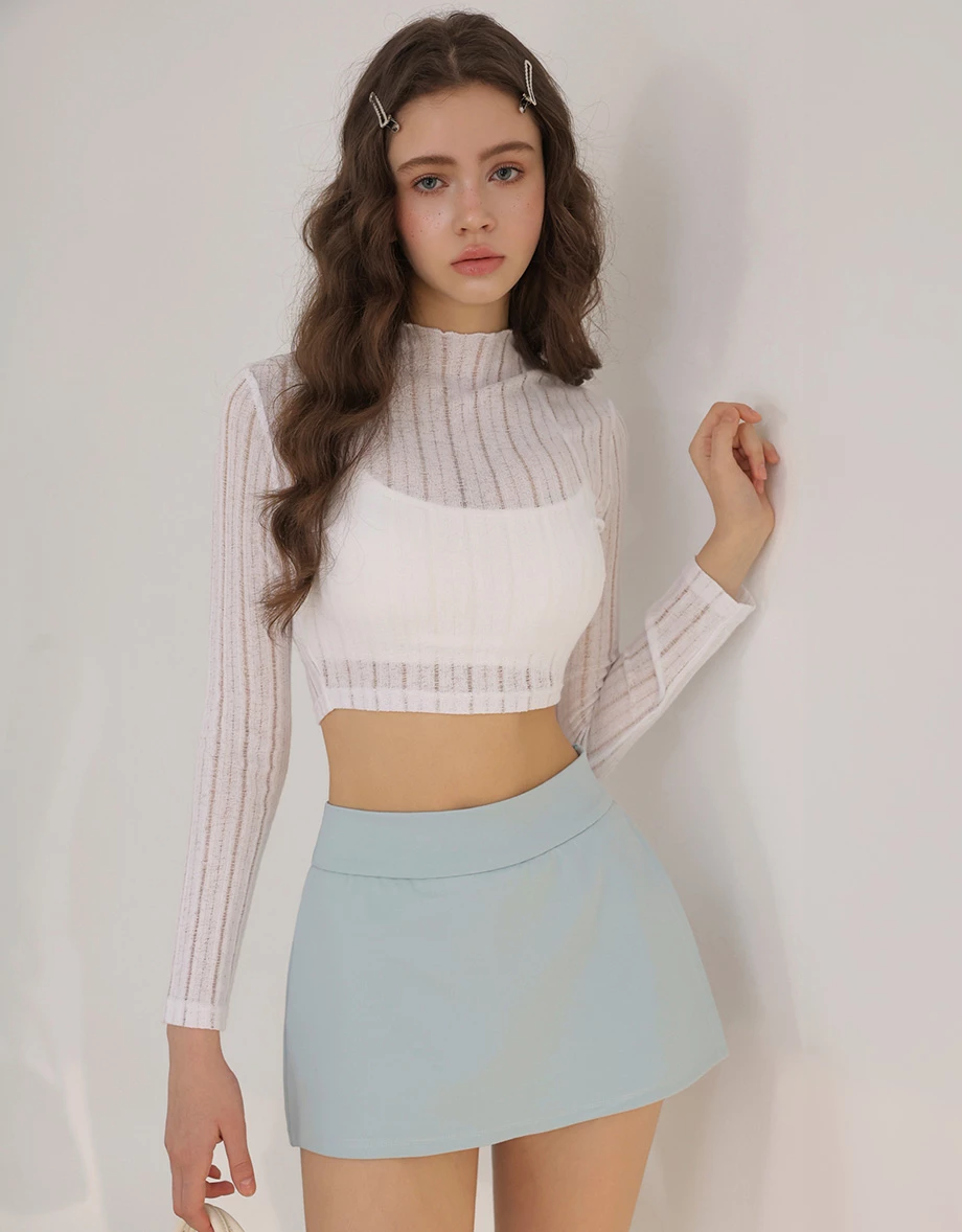 Turtleneck  Sheer Openwork Stripe Long Sleeve Cropped Knit Top
