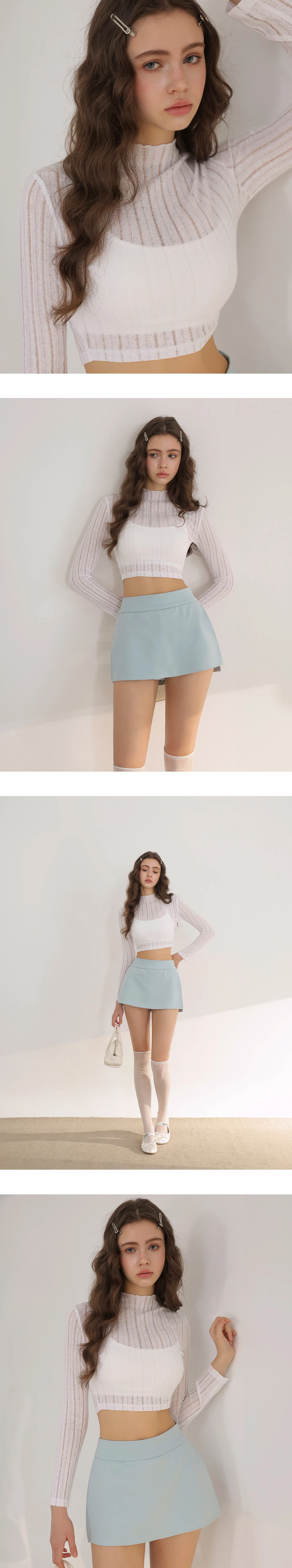 Turtleneck  Sheer Openwork Stripe Long Sleeve Cropped Knit Top