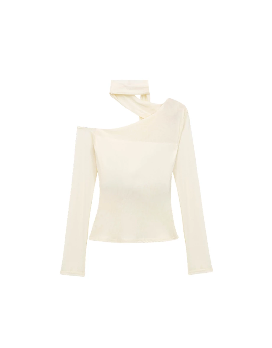 不對稱領繞頸領巾單肩挖空長袖合身上衣(附胸墊) 不對稱領繞頸領巾單肩挖空長袖合身上衣(附胸墊)