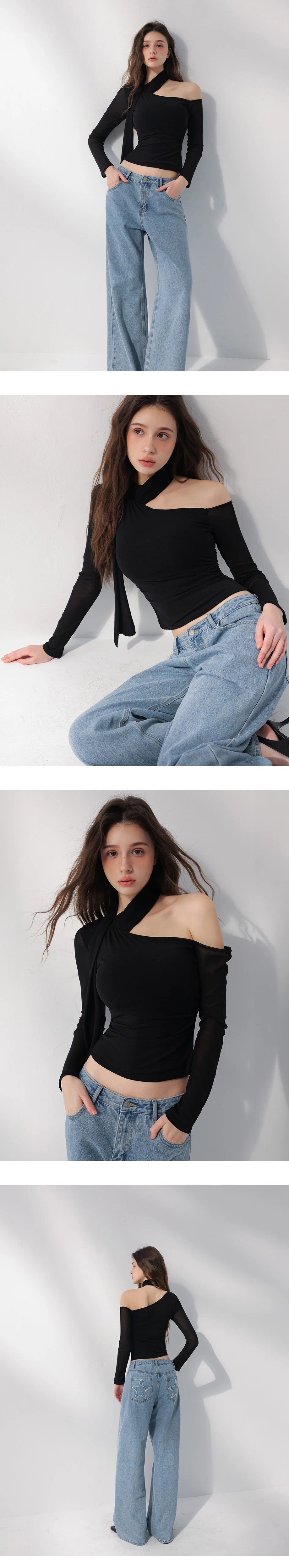 不對稱領繞頸領巾單肩挖空長袖合身上衣(附胸墊) 不對稱領繞頸領巾單肩挖空長袖合身上衣(附胸墊)