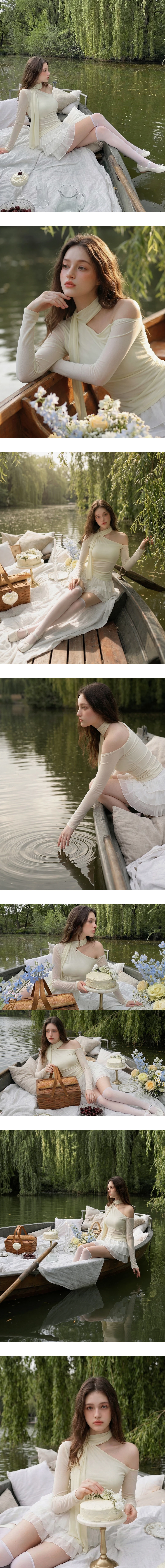 不對稱領繞頸領巾單肩挖空長袖合身上衣(附胸墊) 不對稱領繞頸領巾單肩挖空長袖合身上衣(附胸墊)