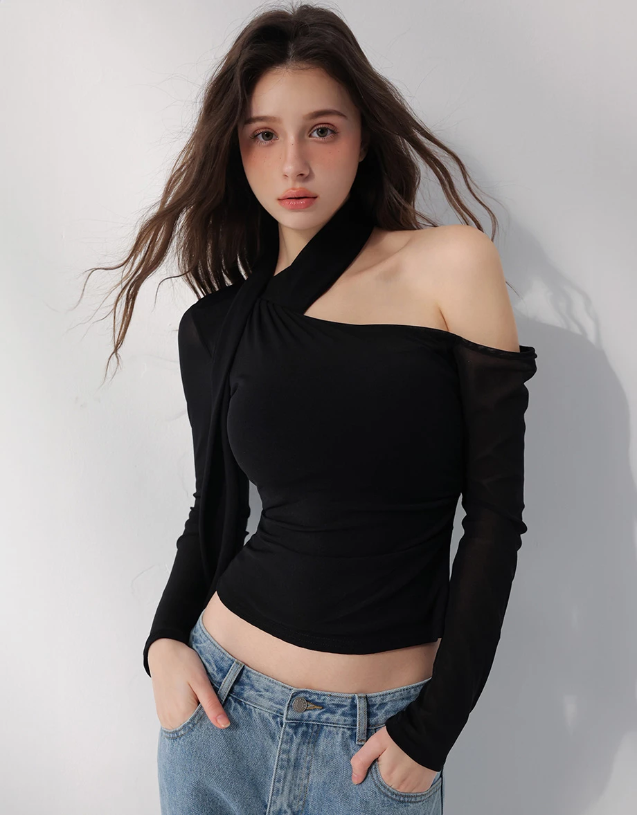 不對稱領繞頸領巾單肩挖空長袖合身上衣(附胸墊)