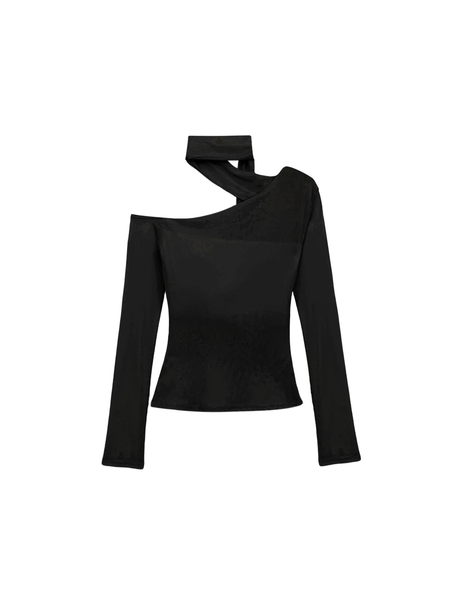 不對稱領繞頸領巾單肩挖空長袖合身上衣(附胸墊)