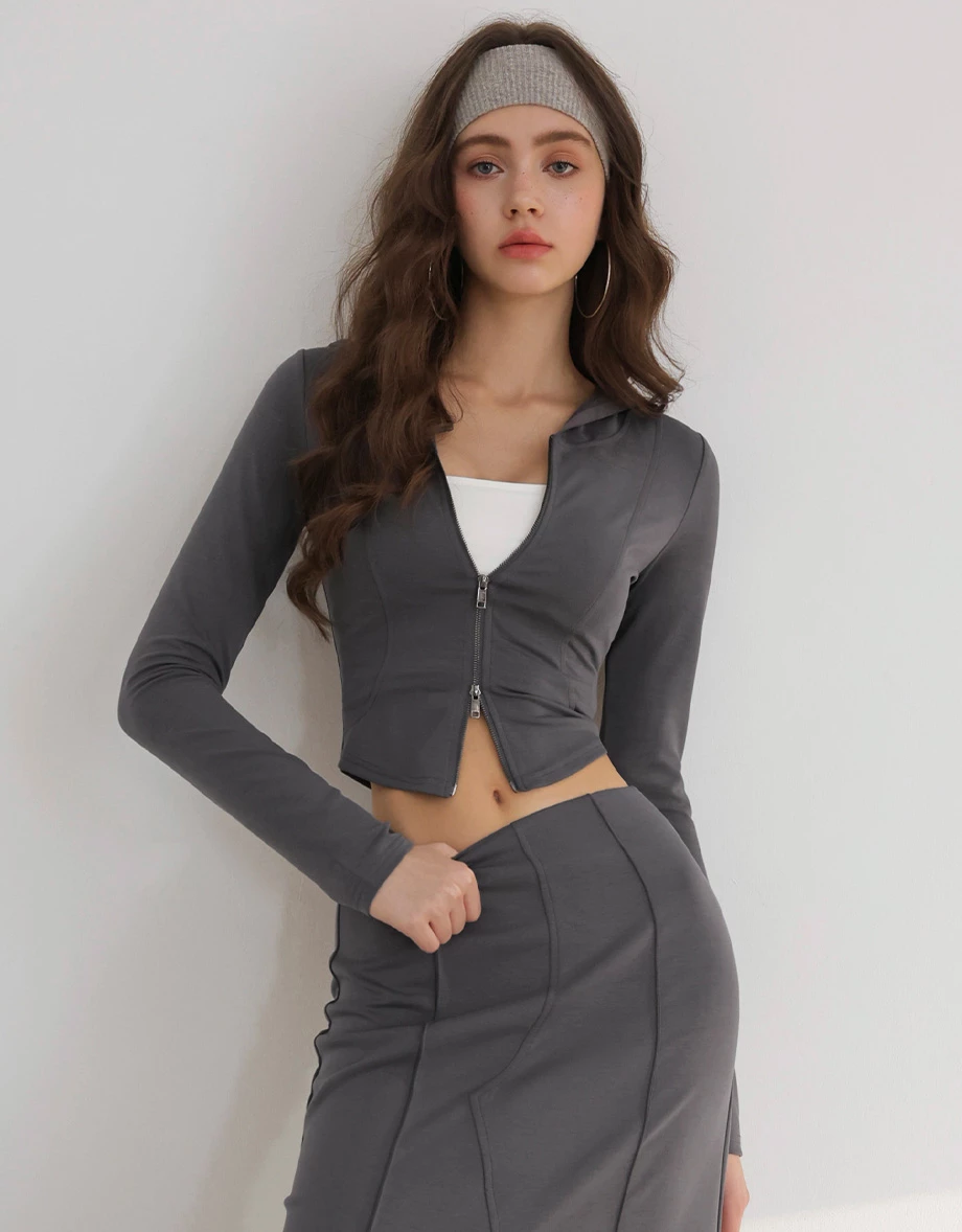 【AIRY HOURGLASS】 Long Sleeve Cinched Waist Zip Up Hooded Jacket