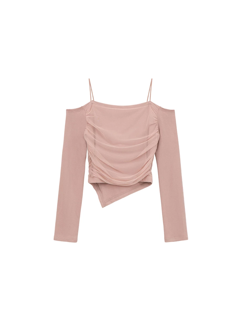 【HEYMAN聯名】一字領細肩帶抓皺拼接網紗不對稱下擺長袖上衣(附胸墊)