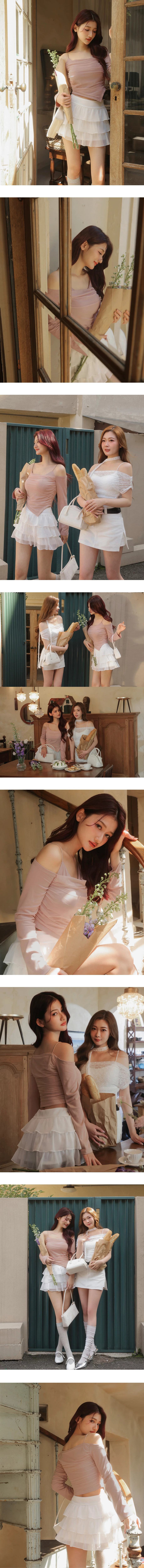 【HEYMAN聯名】一字領細肩帶抓皺拼接網紗不對稱下擺長袖上衣(附胸墊)