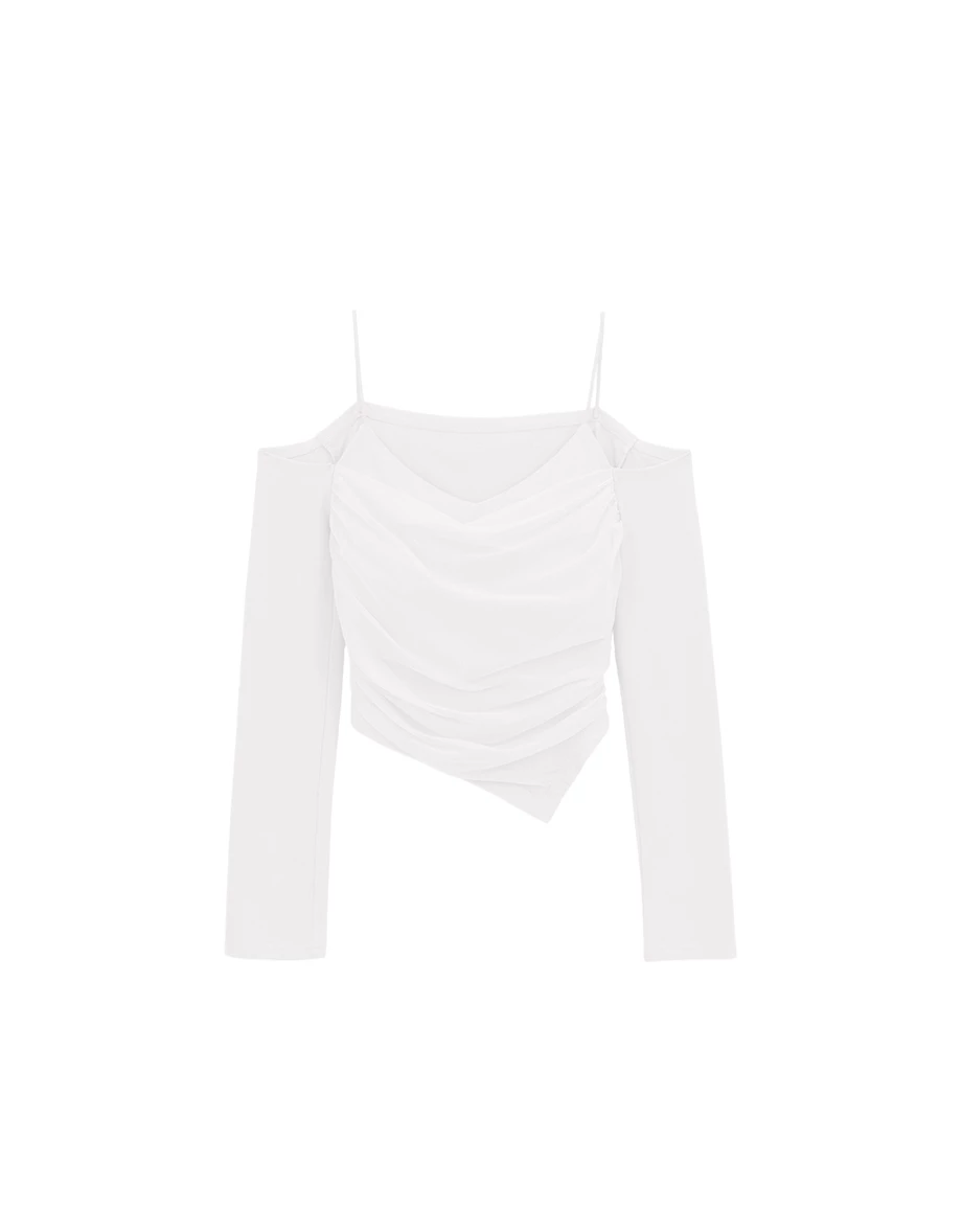 【HEYMAN聯名】一字領細肩帶抓皺拼接網紗不對稱下擺長袖上衣(附胸墊) 【HEYMAN聯名】一字領細肩帶抓皺拼接網紗不對稱下擺長袖上衣(附胸墊)