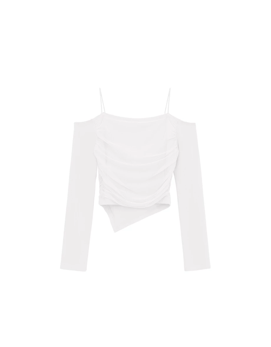 【HEYMAN聯名】一字領細肩帶抓皺拼接網紗不對稱下擺長袖上衣(附胸墊) 【HEYMAN聯名】一字領細肩帶抓皺拼接網紗不對稱下擺長袖上衣(附胸墊)