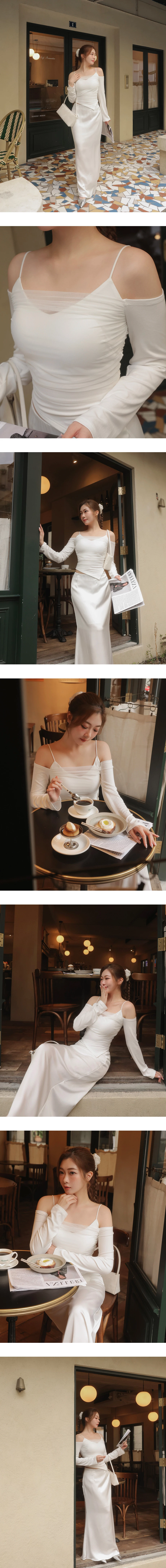 【HEYMAN聯名】一字領細肩帶抓皺拼接網紗不對稱下擺長袖上衣(附胸墊) 【HEYMAN聯名】一字領細肩帶抓皺拼接網紗不對稱下擺長袖上衣(附胸墊)