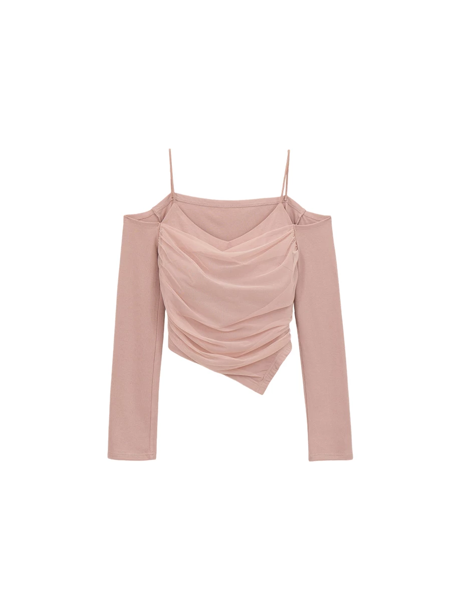 【HEYMAN聯名】一字領細肩帶抓皺拼接網紗不對稱下擺長袖上衣(附胸墊)