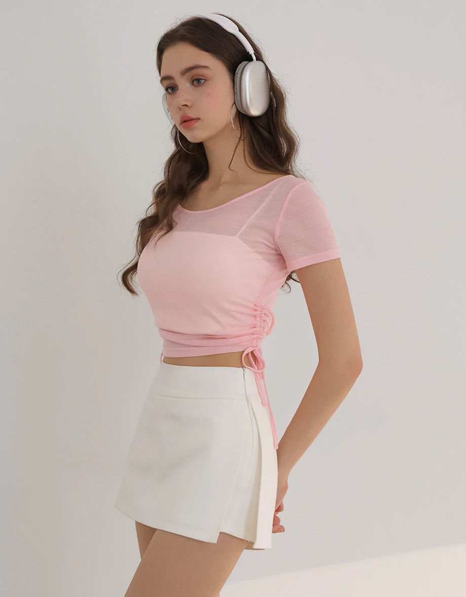 2WAY 圓領側抽繩抓皺短袖短版微透膚上衣