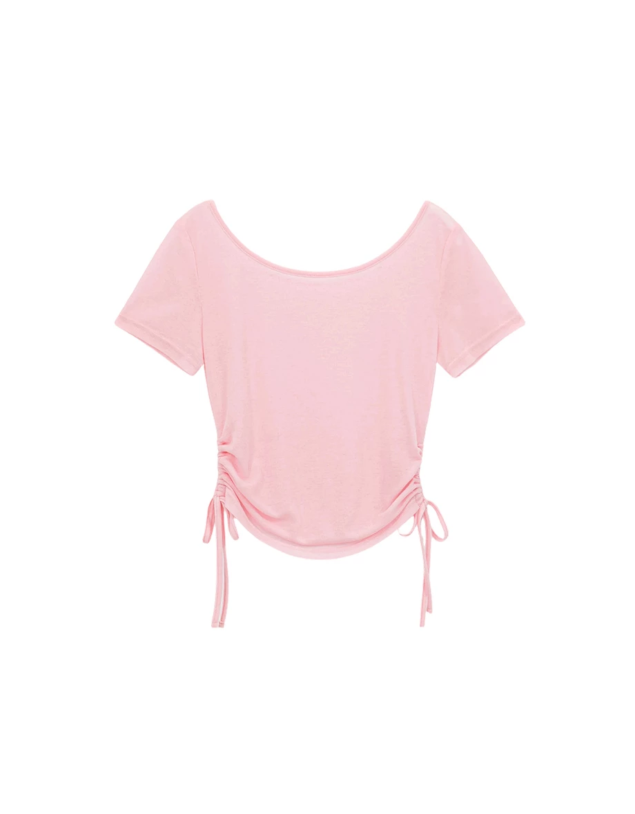 2WAY 圓領側抽繩抓皺短袖短版微透膚上衣