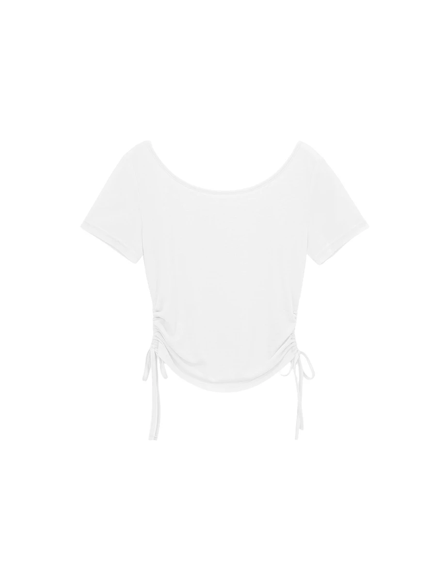 2WAY 圓領側抽繩抓皺短袖短版微透膚上衣