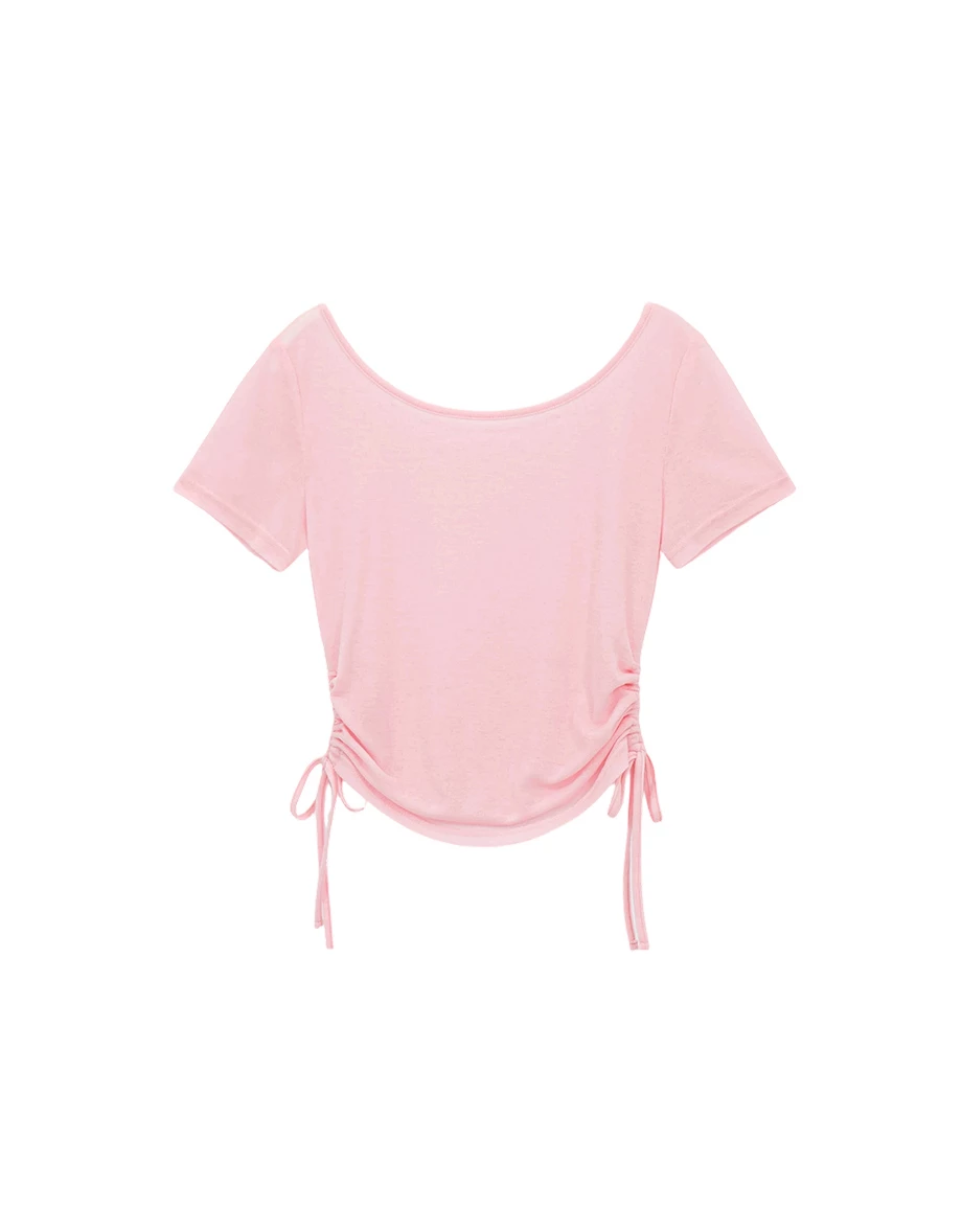 2WAY 圓領側抽繩抓皺短袖短版微透膚上衣