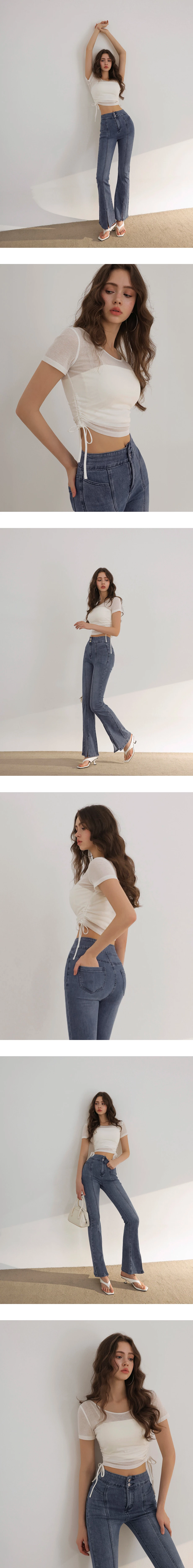 2WAY 圓領側抽繩抓皺短袖短版微透膚上衣