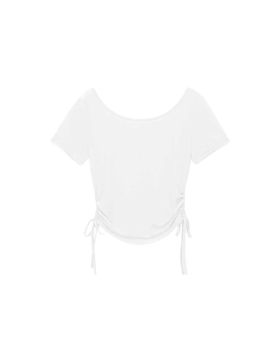 2WAY 圓領側抽繩抓皺短袖短版微透膚上衣