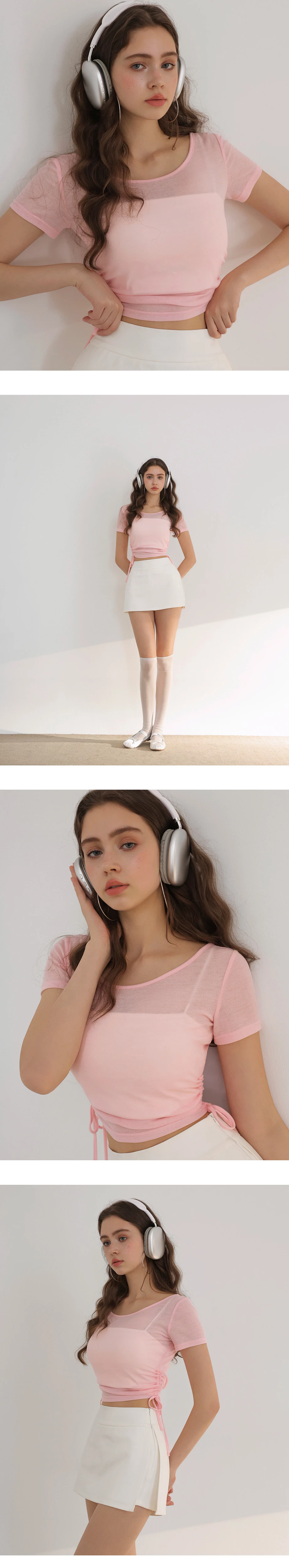 2WAY 圓領側抽繩抓皺短袖短版微透膚上衣