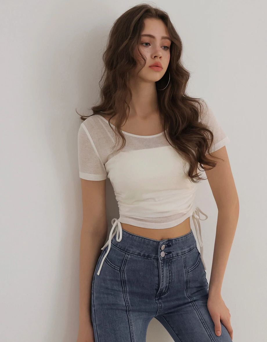 2WAY 圓領側抽繩抓皺短袖短版微透膚上衣