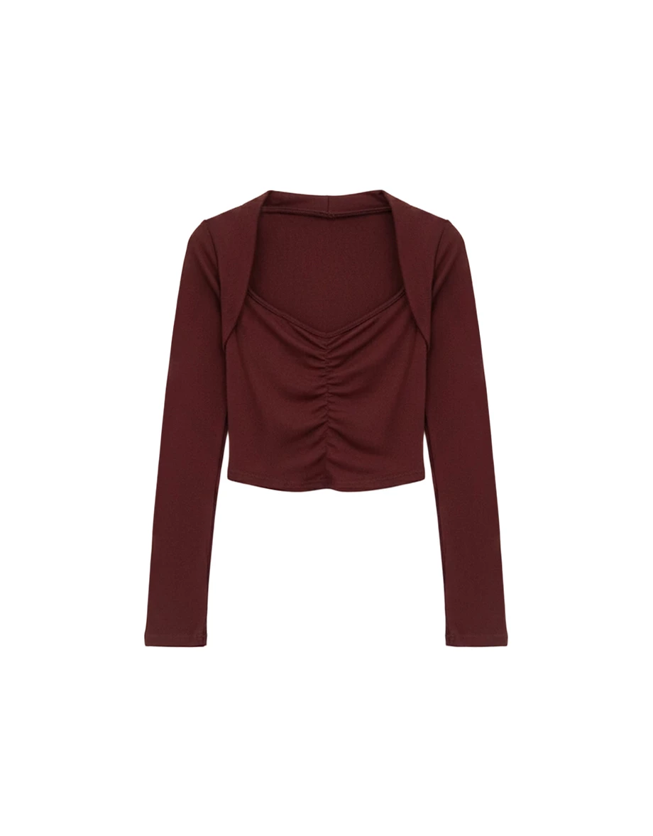 Ruched Front V Neck Cropped Long Sleeve Top