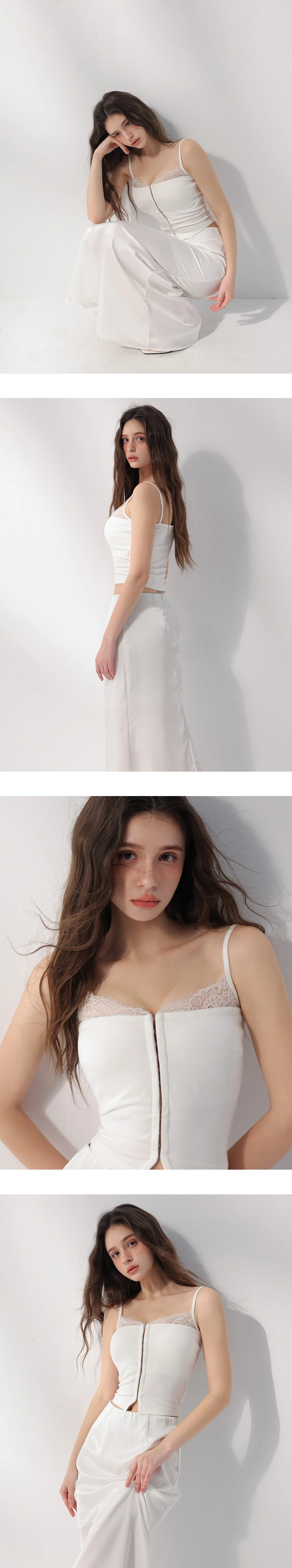 蕾絲拼接平口勾扣短版細肩帶背心(附胸墊)