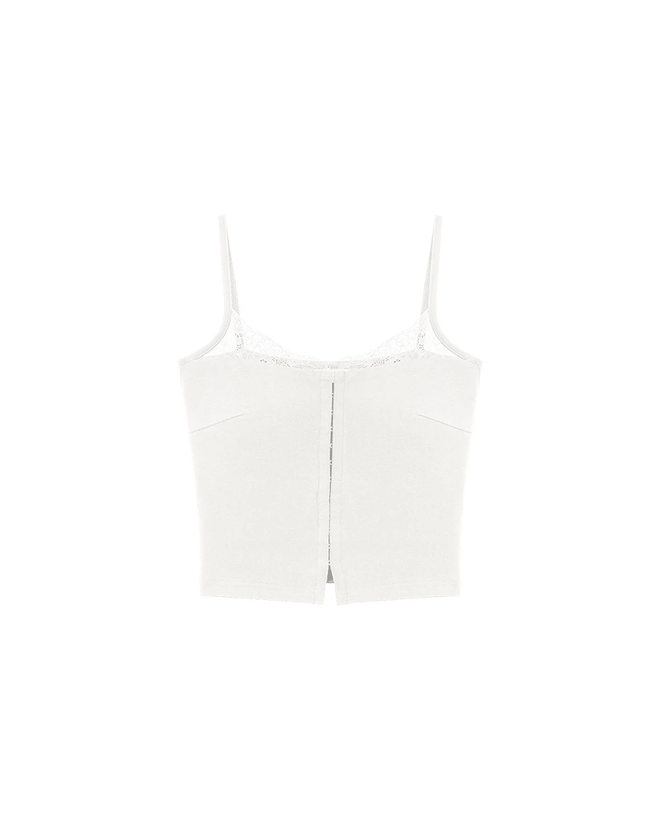 蕾絲拼接平口勾扣短版細肩帶背心(附胸墊)