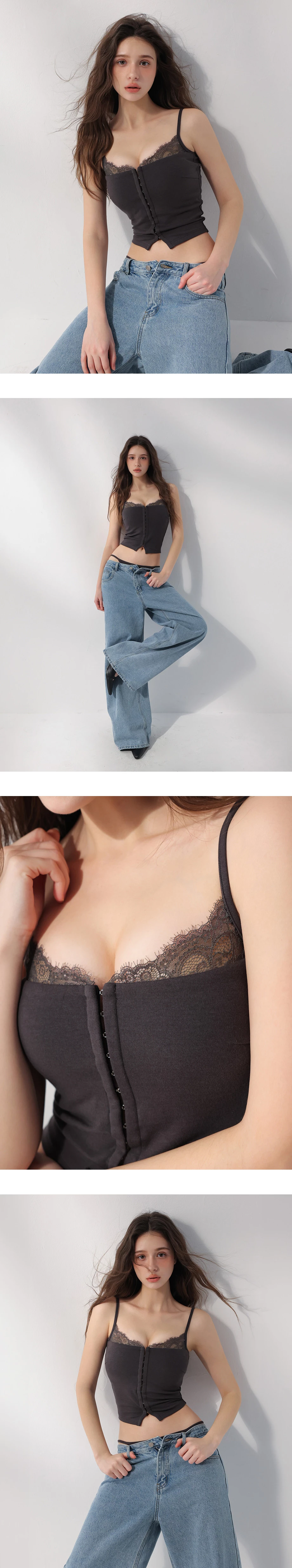 蕾絲拼接平口勾扣短版細肩帶背心(附胸墊)