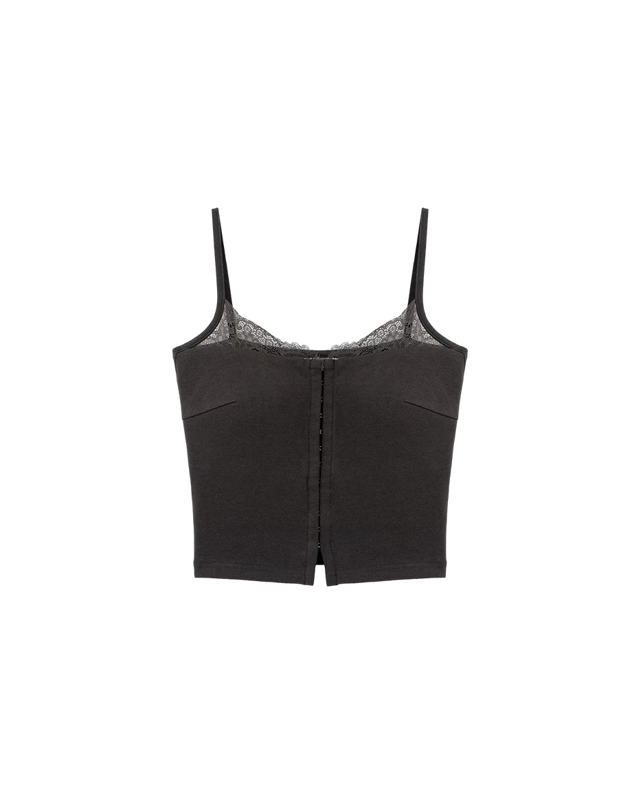 蕾絲拼接平口勾扣短版細肩帶背心(附胸墊)