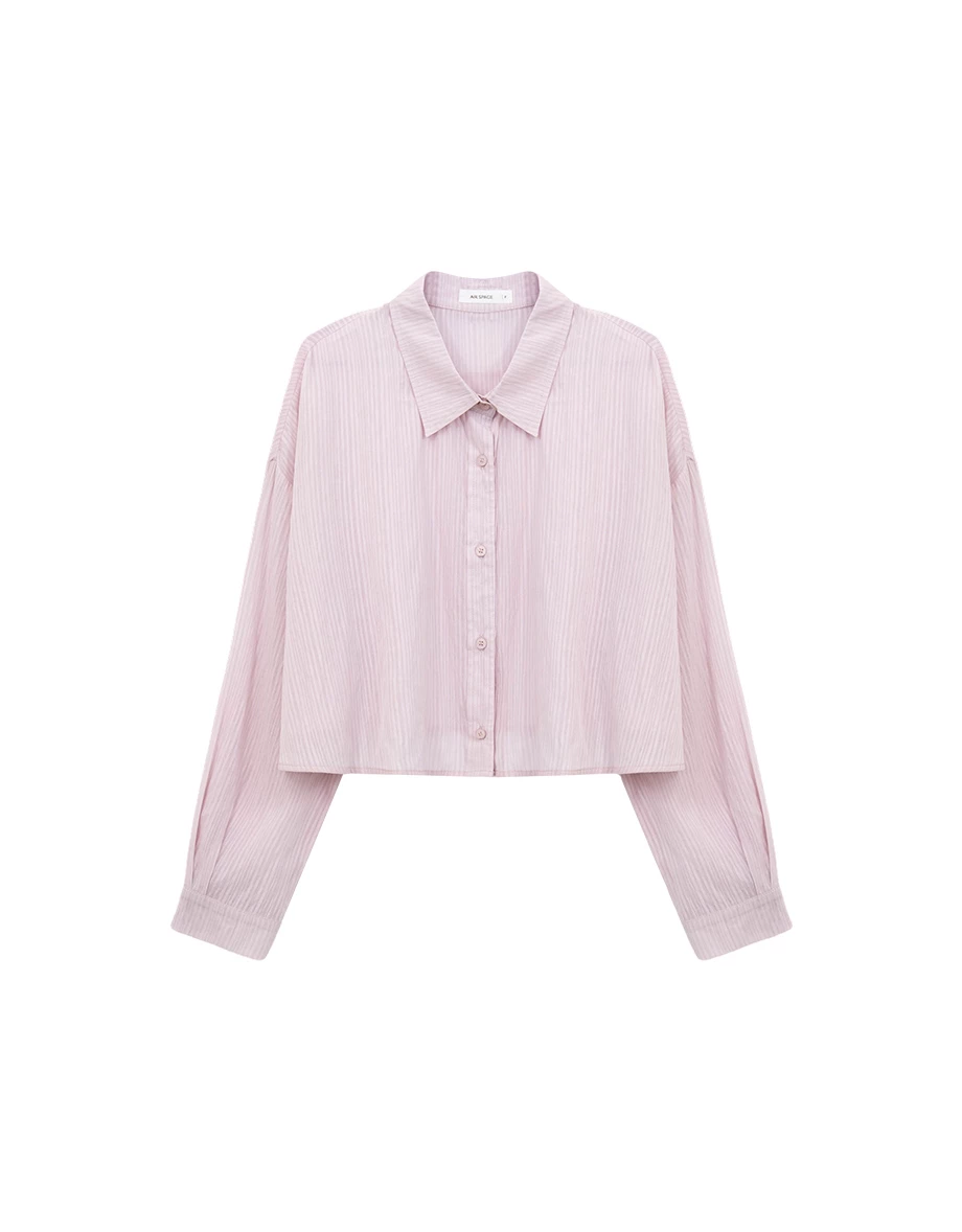 翻領長袖條紋紋理短版襯衫