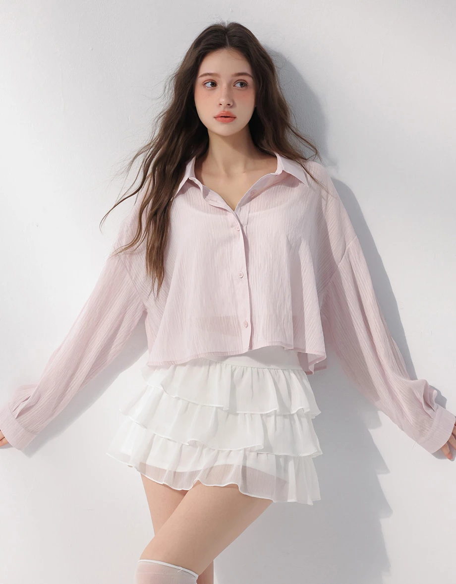 翻領長袖條紋紋理短版襯衫 翻領長袖條紋紋理短版襯衫