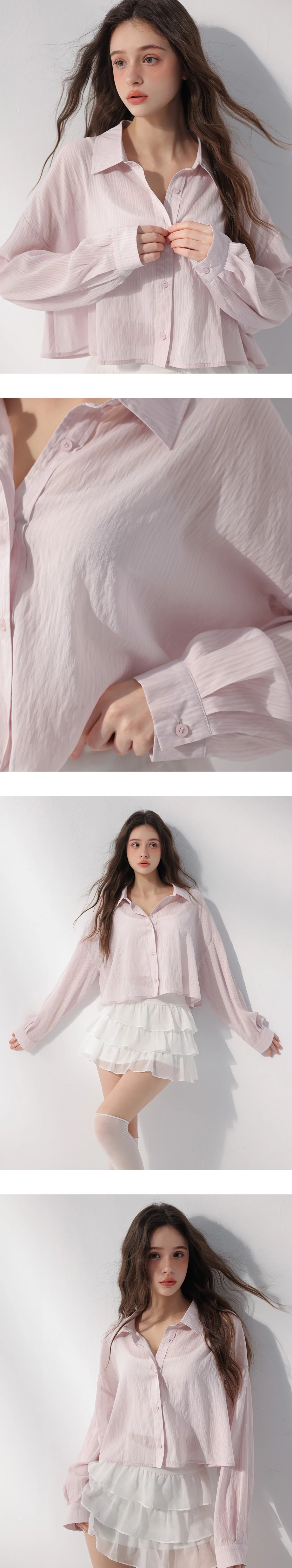 翻領長袖條紋紋理短版襯衫 翻領長袖條紋紋理短版襯衫